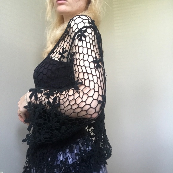 Crochet Black long bell sleeve cover up/shirt - Picture 4 of 7